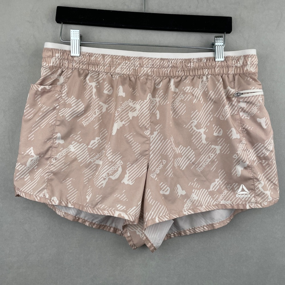 Reebok Womens Running Casual Shorts Pink Abstract Logo Print Lined Sporty Gym L
